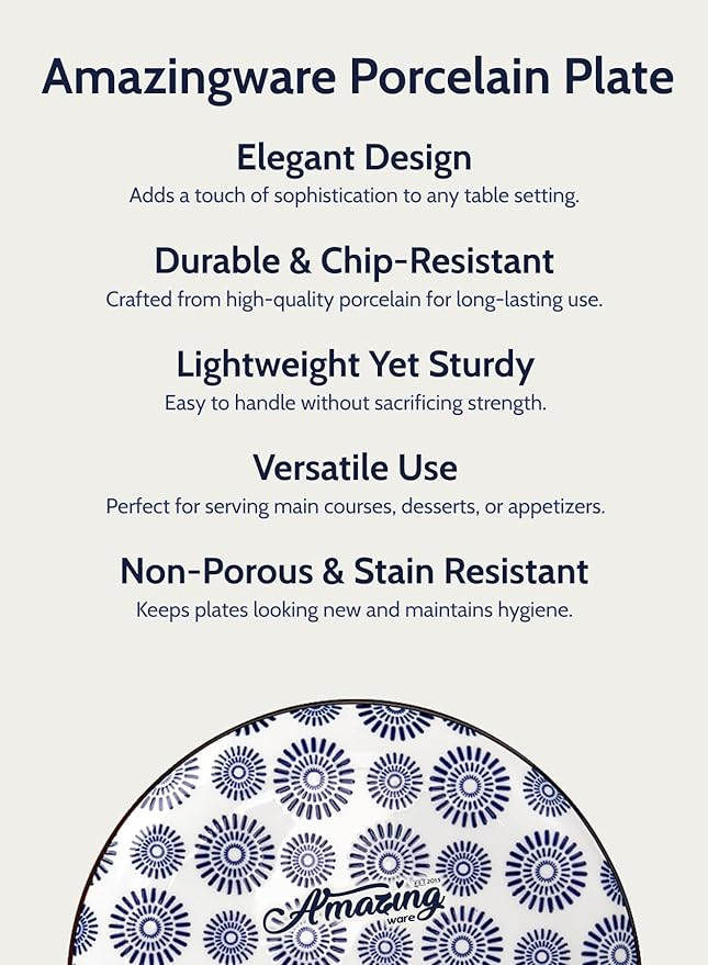 Amazingware Porcelain Dessert Plates Appetizer Plates, Salad Plates, Small Plates - Dishwasher, Microwave, Oven Safe (Vintage Blue, 8 Inch)