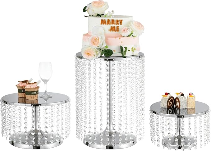LoveCat Silver Cake Stand Set of 3, Round Charming Cake Pans with Crystal Beads for Dessert Table Christmas Wedding Birthday Baby Shower Display