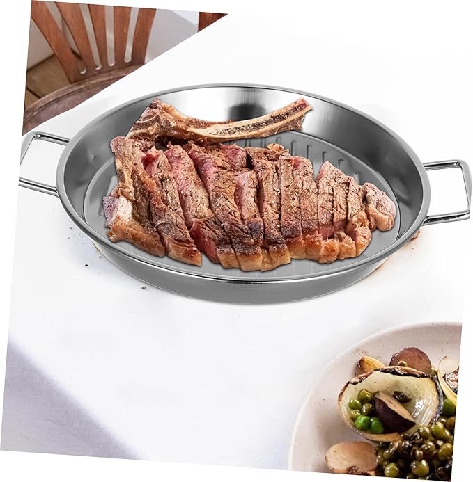 Stainless Steel Round Steak Plate Seafood Serving Tray Elegant Double Ears Design for Family Meals and Outdoor Bbqs and Stylish Silver Finish