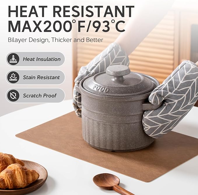Placemats Set of 4 - Faux Leather 100% Waterproof Oil-Proof Wipeable PU Place Mats, Heat Resistant Reversible Table Mats for Kitchen, Dining, Outdoor (Khaki)