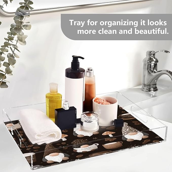 Serving Tray with Handles Clear Acrylic Tray 12x16 Inch Decorative Rectangular Tray Organizer for Ottoman Coffee Table Bathroom Brown Gnomes Coffee Beans