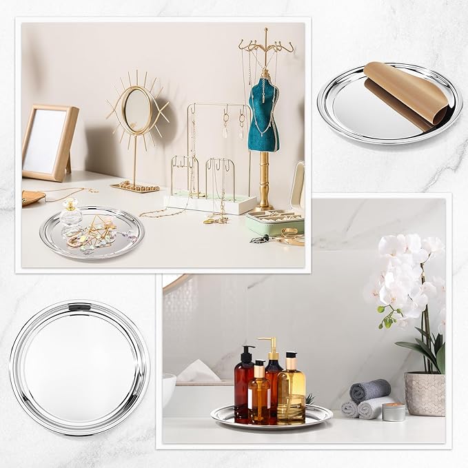 LemonRoad 2 Set Round Silver Mirror Decorative Tray 12.6 Inch Stainless Steel Metal Serving Tray Mirrored Finish Circular Bar Platter with Anti Slip Mat Vanity Kitchen Organizer for Home