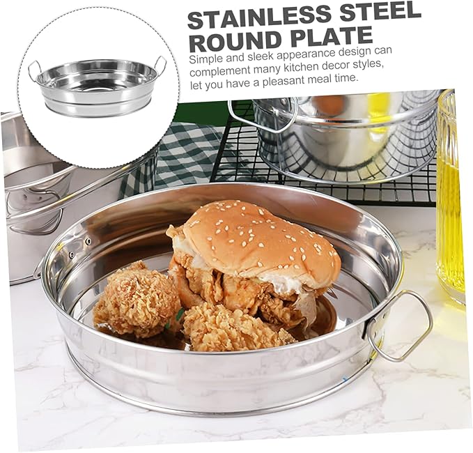 IMIKEYA Snack Serving Tray Handles Round Stainless Steel Plate Dish Buffet Decor