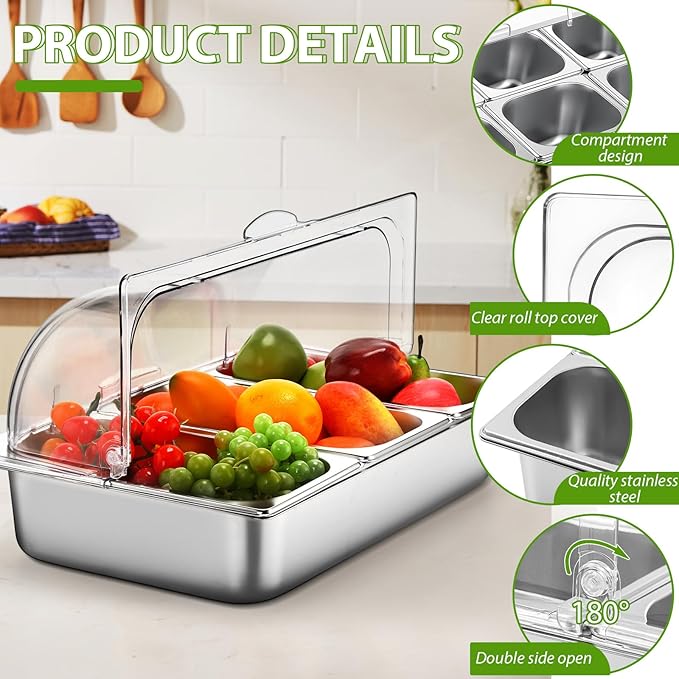 Countertop Food Serving Display Container and Clear Roll Top Cover Stainless Steel Food Serving Tray Buffet Condiment Dispenser Display Rack for Restaurant Hotel Kitchen Party(21 x 13 x 11'')