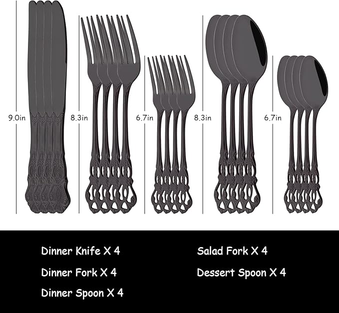 Black Flatware Set For 4, 20 Pieces 18/0 Stainless Steel Silverware Set, Cutlery Utensils Set Include Knives/Forks/Spoons, Antique Baroque Style & Luxury Mirror Polished