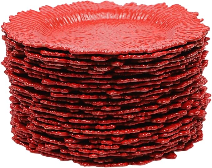 24 PCS Charger Plates Bulk, 13 Inch Floral Reef Plastic Charger Dinner Plates Round Service Plates Decorative Chargers Bulk for Table Setting Wedding Party Event(Red)