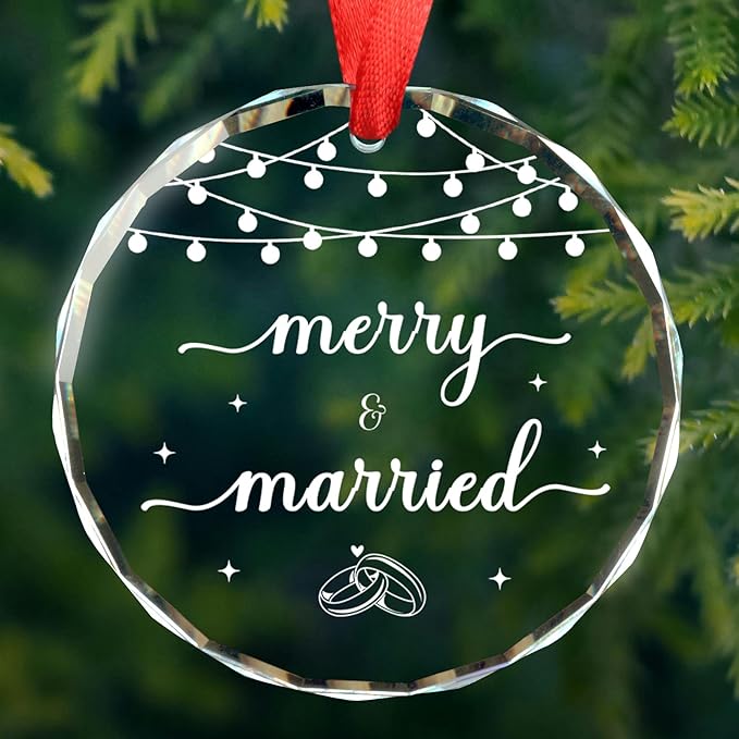 Wedding Gifts for Couples 2025, Mr and Mrs Gifts Merry & Married Glass Ornament, Bridal Shower Gift Engagement Gift for Newlyweds, 1st Married Christmas Ornaments 2025