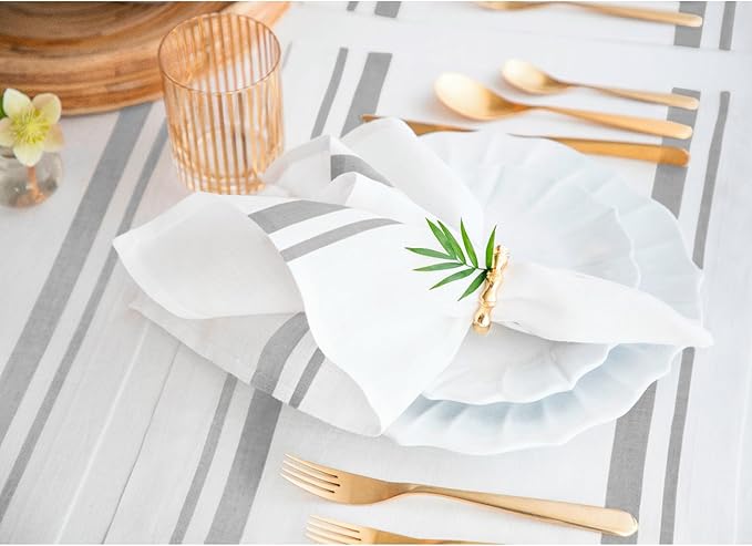 Solino Home Linen Dinner Napkins 20 x 20 Inch - 100% Pure Linen French Stripe Grey and White Napkins Set of 4 for Winter