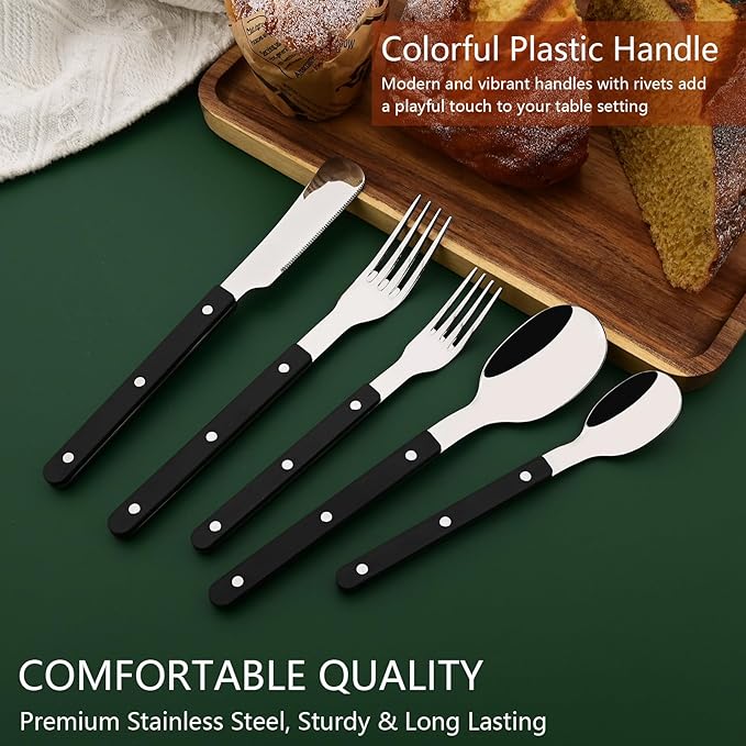 5 PCS Stainless Steel Flatware Set for 1, Silverware Set with Colored Handles, Retro Style Forks Spoons and Knives Set, Vintage Eating Utensils, Black Acrylic Handle with Rivets Design