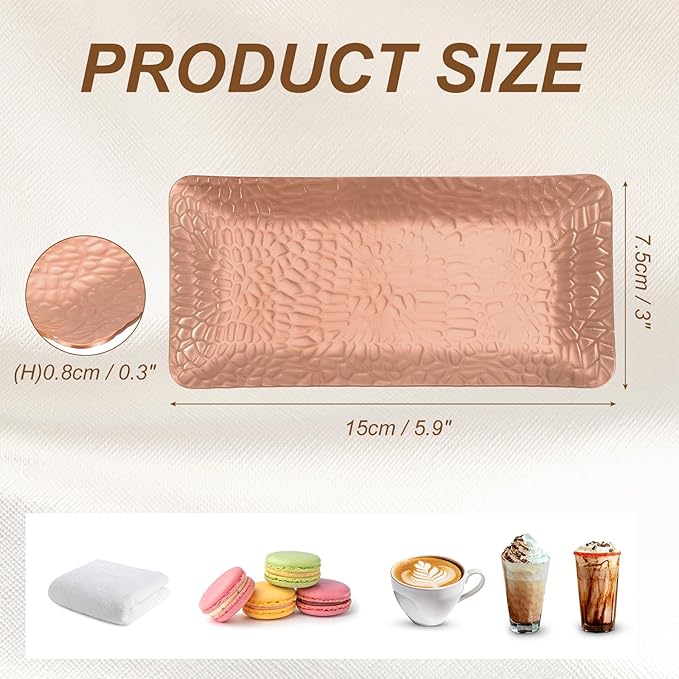 uxcell Decorative Tray, 5.9x3 Stainless Steel Rectangular Frosted Serving Tray with Hammer Pattern for Dessert Napkin Towel Candle Jewelry Bathroom Platter, Stackable, Rose Gold