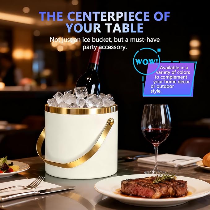 Ice Bucket, Ice Bucket with Silicone Sealing Ring Double-Wall Vacuum Insulation Champagne Buckets with Filter Layer Ice Tongs Ice Scoop (Beige, 3 L)