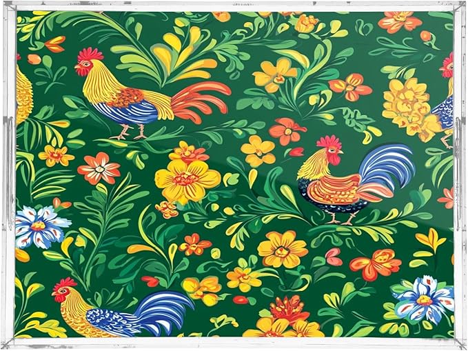 Serving Tray with Handles Clear Acrylic Tray 12x16 Inch Decorative Rectangular Tray Organizer for Ottoman Coffee Table Bathroom Green Rooster and Flower Spring