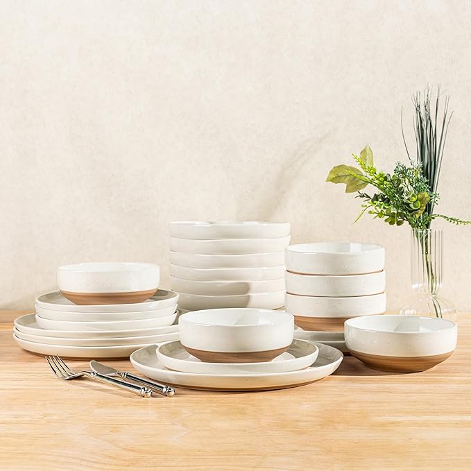 GBHOME 24-Piece Ceramic Dinnerware Set for 6, Handpainted Plates, Pasta Bowls & Bowls Set with Rustic Terracotta Underside, Scratch-Resistant, Dishwasher & Microwave Safe,Speckled Glaze Beige