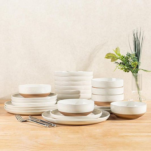 GBHOME 24-Piece Ceramic Dinnerware Set for 6, Handpainted Plates, Pasta Bowls & Bowls Set with Rustic Terracotta Underside, Scratch-Resistant, Dishwasher & Microwave Safe,Speckled Glaze Beige