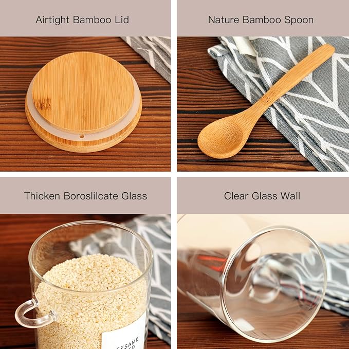 6 Pcs Glass Jar with Bamboo Lid and Spoon - 17 oz Large Sugar Container with 148 Kitchen Pantry Spice Jar Labels Preprinted - Glass Containers with Wooden Lids Hold Coffee, Tea, Candy