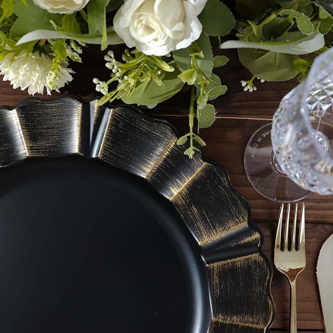 Efavormart Set of 6-13" Round - Black Plastic Charger Plates With Waved Scalloped Rim for Wedding, Outdoor Receptions, Banquets, Holiday Dinner plates Chargers