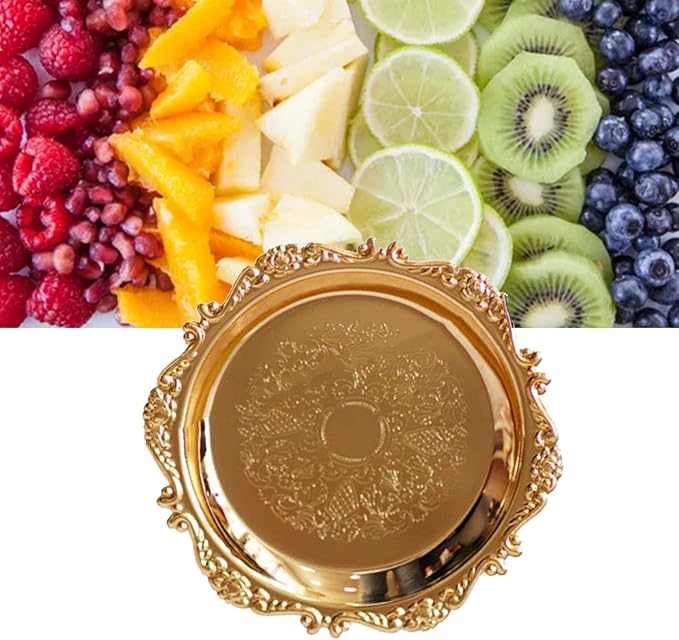 Round Fruit Plate, Metal Food Serving Tray Vintage Round Fruits Serving Platter Plates, Fruit Tray Dessert Cake Decorative Disk for Cakes, Desserts, and Baked Goods Wedding Party(Golden)