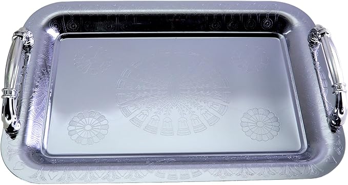 11.4 inch x 7.9 inch Oblong Chrome Plated Serving Tray with Handles Stylish Design Floral Engraved Rainbow Edge Decorative Party Wedding Dessert Buffet Wine Platter Plate FST-071