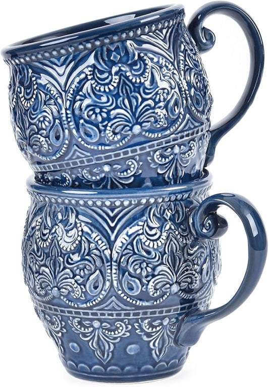 Sungmor Embossed Stoneware Fine Dining Dinnerware, Antique Baroque Style Porcelain Coffee Mugs Set of 2, 18oz Large Water Cups with Handles, Sophisticated Rustic Ceramic Mugs for Tea, Milk or Beer