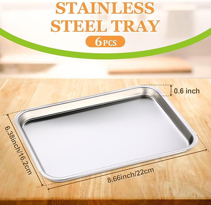 6 Pcs 8.6 x 6.4 Inch Baking Sheets Stainless Steel Baking Pan Tray Cookie Sheet Rectangle Mirror Finish and Rust Free Easy Clean and Dishwasher Safe Bakeware Oven Tray for Roasting (Silver)