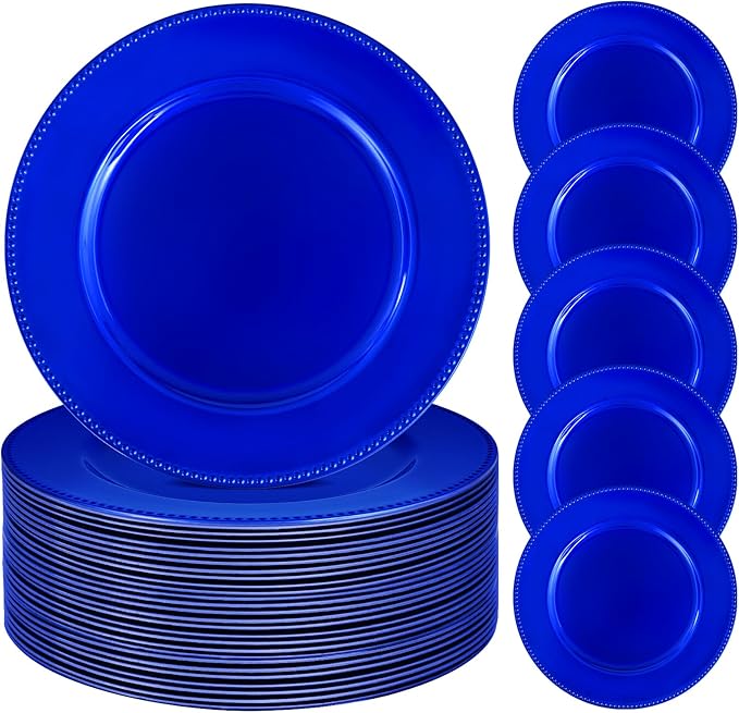 24 Pcs Royal Blue Charger Plates Bulk, 13" Round Beaded Plate Chargers for Dinner Plates, Decorative Dinner Chargers Plastic Table Chargers for Wedding Party Baby Shower Event Decoration (Royal Blue)