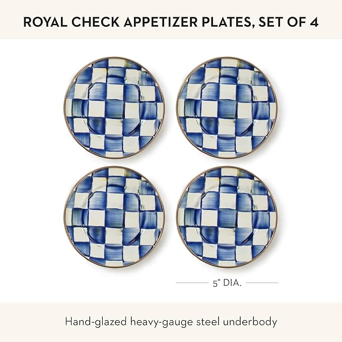 MACKENZIE-CHILDS Set of 4 Enamel Appetizer Plates, Mini Dessert Plates, 5 Inches, Blue-and-White Royal Check