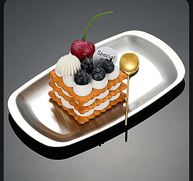 Thickened Serving Tray, 7.5 Inch x 4.1 Inch Strainless Steel Trinket Tray, for Serving Fruit, Cake, Barbecue, Cosmetics Jewelry, Grilled Meat, and Snack at Home, Party and Outdoors (Small)