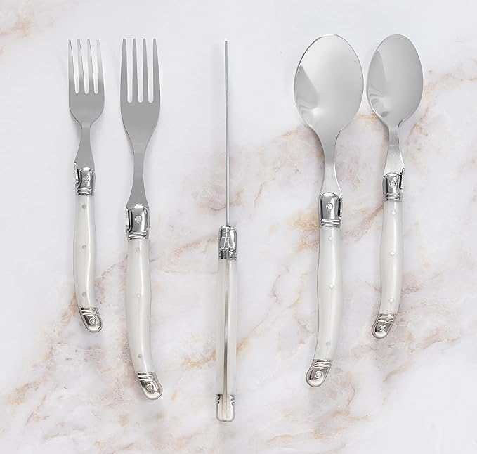French Home Laguiole 20 Piece Flatware Set – Stainless Steel Flatware Set for 4 – Luxurious Pearl White Utensil Set with Knives, Spoons and Forks
