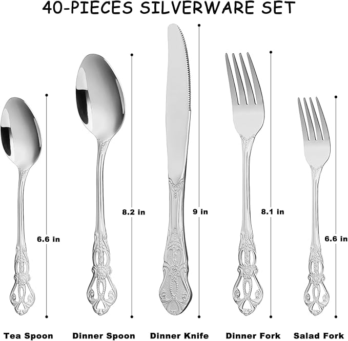 Silverware Set for 8, Stainless Steel Gorgeous Retro Royal Flatware Set, 40-Pieces Cutlery Tableware set, Kitchen utensils set Include Spoons And Forks Set, Mirror Finish, Dishwasher Safe