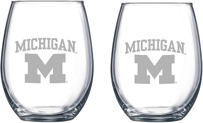 Michigan Wolverines Etched Satin Frost Logo Wine or Beverage Glass Set of 2, 14 ounce, Clear