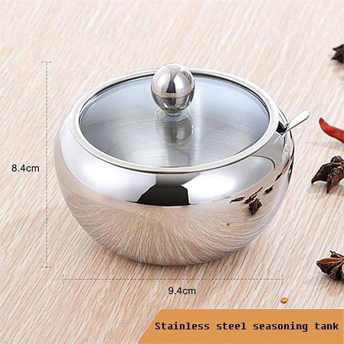Stainless Steel Sugar Bowl with Clear Lid and Spoon, Polishing Process, Easy to Clean- 530ml/ 18 Oz