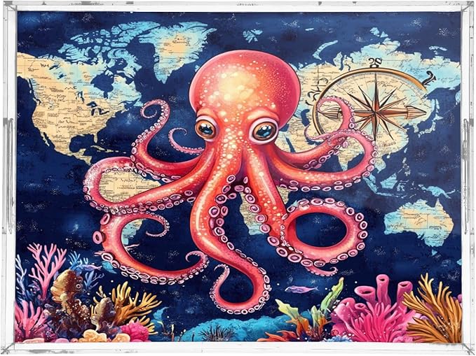 Serving Tray with Handles Clear Acrylic Tray 12x16 Inch Decorative Rectangular Tray Organizer for Ottoman Coffee Table Bathroom Blue World Map and Octopus