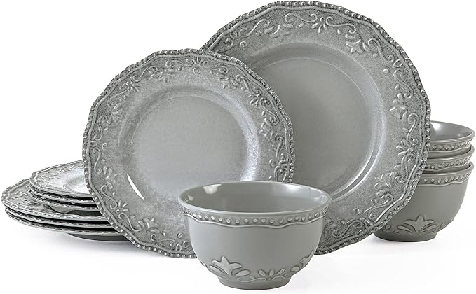 TP 12-Piece Dinnerware Set, Melamine Dishes Set with Bowls and Plates, Non-breakable and Lightweight Dinner Service for 4, Grey