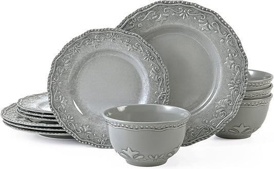 TP 12-Piece Dinnerware Set, Melamine Dishes Set with Bowls and Plates, Non-breakable and Lightweight Dinner Service for 4, Grey