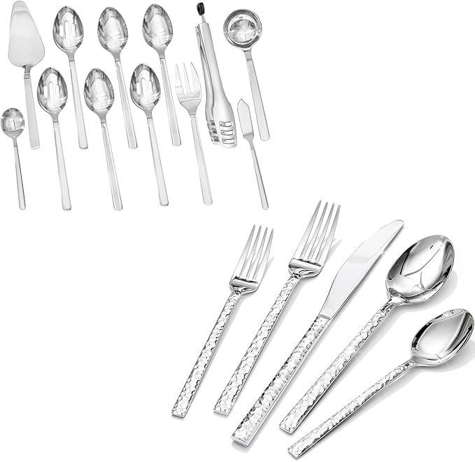 KINGSTONE 60 Piece Hammered Silverware Set and 12 Piece Serving Utensils Set