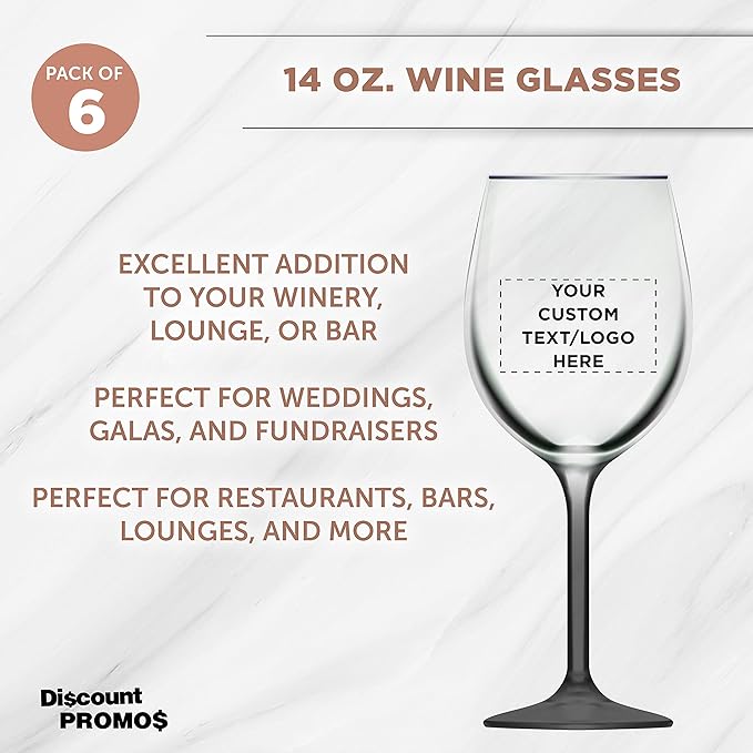 Custom Wine Glasses 14 oz. Set of 6, Personalized Bulk Pack - Restaurant Glassware, Perfect for Red Wine, White Wine, Cocktails and More - Black