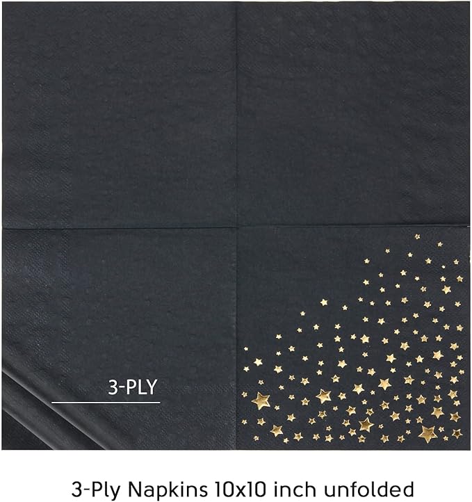Stylish Black and Gold Napkins, 100 Black Star Napkins, 5x5 Inch Black&Gold Cocktail Napkins, Disposable Star Cocktail Napkins for Party