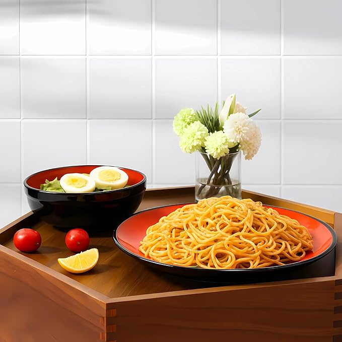 TP 12-Piece Dinnerware Set, Melamine Dishes Set with Bowls and Plates, Non-breakable and Lightweight Dinner Service for 4, Glossy Black and Red
