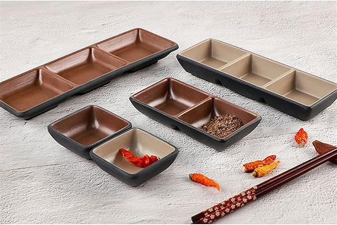 Sauce Dish 8.43 Inch Rectangle Plastic Appetizer Plates Dipping Soy Sauce Dishes Vinegar Olive Oil Ketchup Snack and Dessrt Seasoning Dishes(3 Compartment) Dipping Bowls (B)