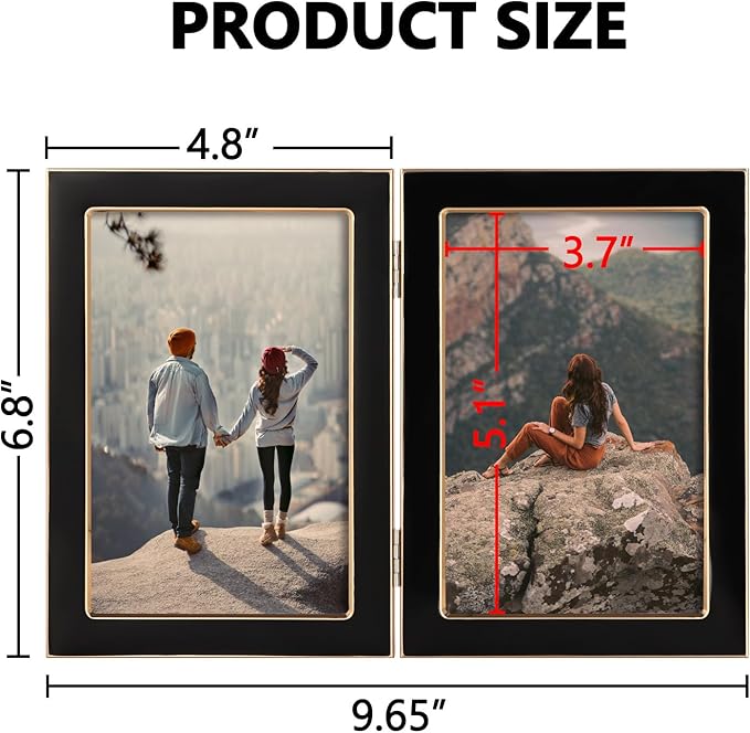 Giftgarden 4x6 Double Picture Frame Black with Tempered Glass Display 4 by 6 Photo, Metal Hinged Folding Frame for Tabletop or Wall