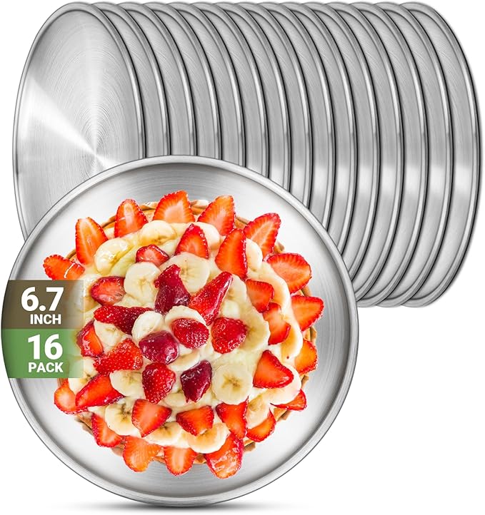 Stainless Steel Plates, 16 Set 6.7 inch 304(18/8) Metal Food Serving Plate, Reusable Snack Eating Dishes Round Shatterproof Plate Silver Dinnerware for BBQ Dinner Oven Dishwasher Safe