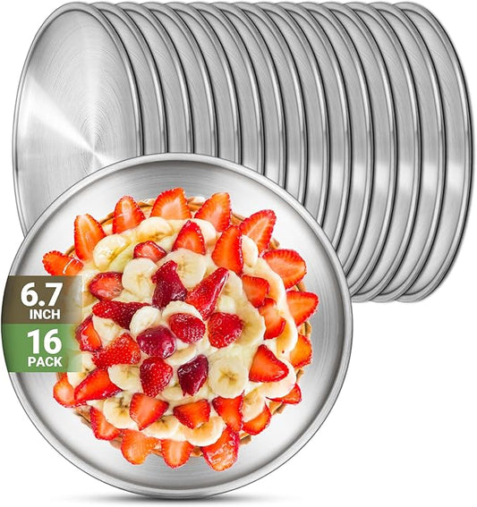 Stainless Steel Plates, 16 Set 6.7 inch 304(18/8) Metal Food Serving Plate, Reusable Snack Eating Dishes Round Shatterproof Plate Silver Dinnerware for BBQ Dinner Oven Dishwasher Safe