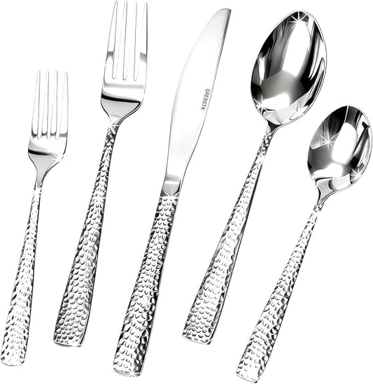 Hammered Silverware Set, 18/10 Stainless Steel Flatware Set Cutlery Set for Home, Party, Wedding, Mirror Polished Dishwasher Safe (20-Piece)