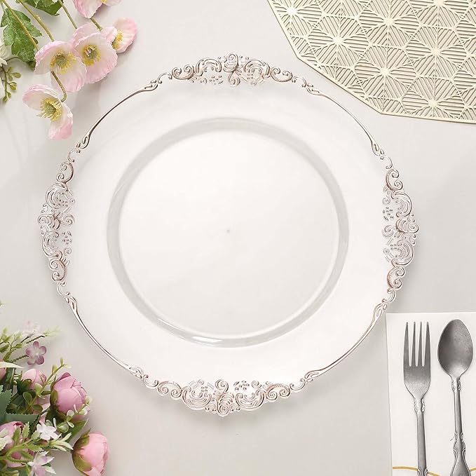 13" Charger Plates -Set of 12 - Acrylic Clear Rose Gold Round Baroque Disposable Chargers Leaf Embossed Rim, Ideal for Dinner Party Wedding Bulk Events