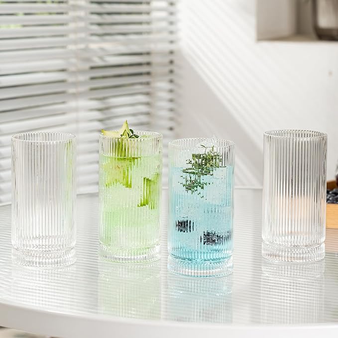 POLIDREAM 16oz Ribbed Glassware, Vintage Drinking Glasses Set of 4, Cocktail Glass Cups, Elegant Tom Collins Glasses, Highball Ribbed Glasses Ideal for Water, Iced Coffee, Juice, Beer, Milk