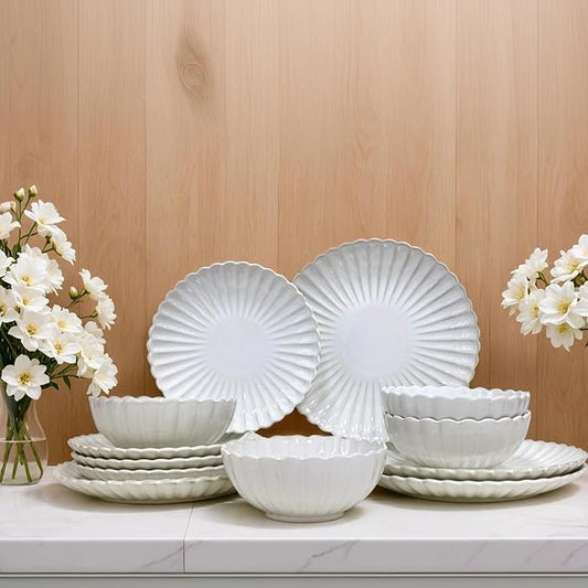 DOMINI 12-Piece Sunflower shape Ceramic Kitchen Dinnerware Set, Service for 4, Porcelain Dishes Dinner Set with Dinner Plates, Dessert Plates and Pasta Bowls,Round-White Sunflower shape