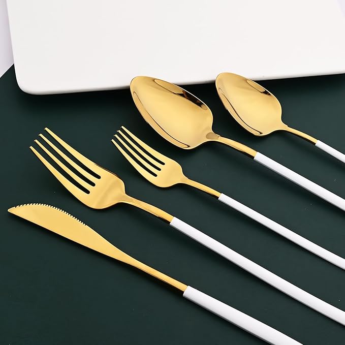 36pcs Silverware Set, 18/10 Stainless Steel Serving Flatware With Curved Handle For 6, Durable Eating Utensils For Home Entertaining, Mirror Polished (White Gold)