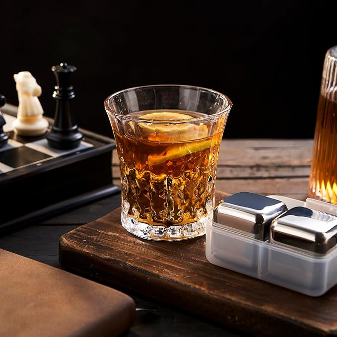 4 Large Whiskey Stones 64 cm³ (4 cu in) - Man Gift Set - Reusable Stainless Steel Metal Ice Sphere Cubes Beverage Chilling Rocks Whiskey Stones for Red Wine, Bar Beer, Scotch - Gold and Silver