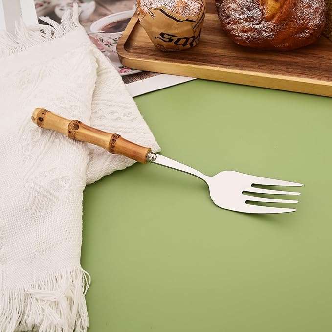 Mirror Polished Silverware Set - Bamboo Handle Cutlery Set - Stainless Steel Flatware Serving Set for Home Restaurant Wedding and Parties - 4 Pieces Serving Utensils