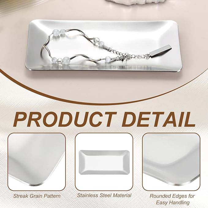 uxcell Decorative Tray, 5.9x3 Stainless Steel Rectangular Frosted Serving Tray for Dessert Napkin Towel Candle Jewelry Bathroom Platter, Stackable, Silver